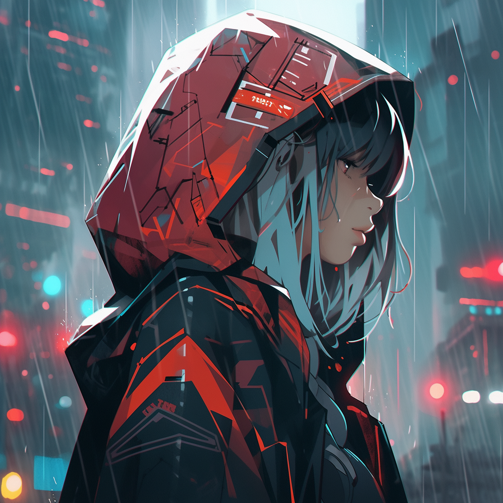 Cyborg girl in akatsuki clouds jacket in rain.