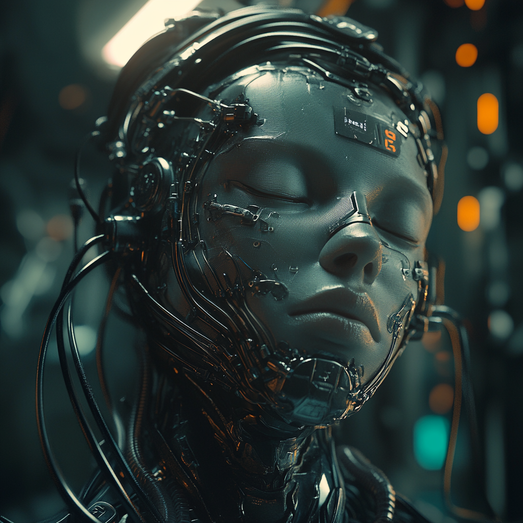 Cyborg head with closed eyes, tech cables, dark background.