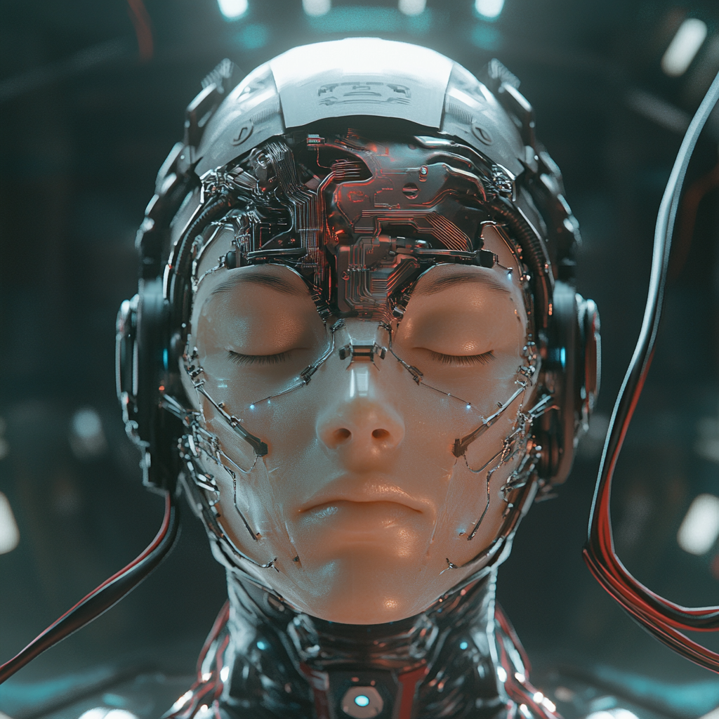 Cyborg head with closed eyes, transparent top, mechanical brain.