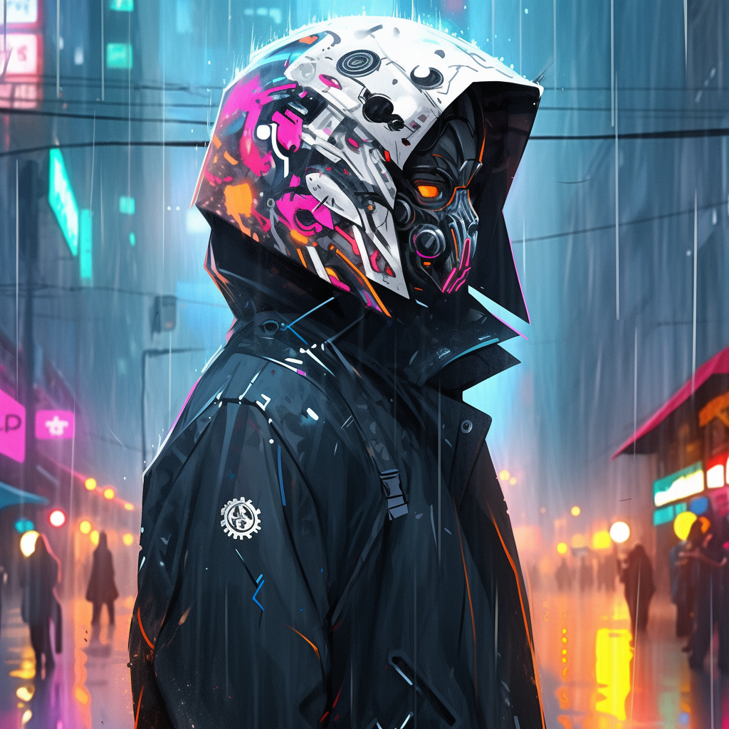 Cyborg man in akatsuki jacket standing in neon rain.