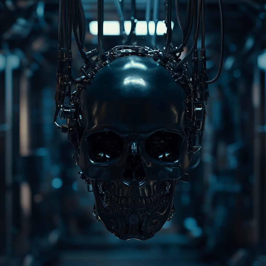 Cyborg skull head floating with sci-fi cables, dark background.