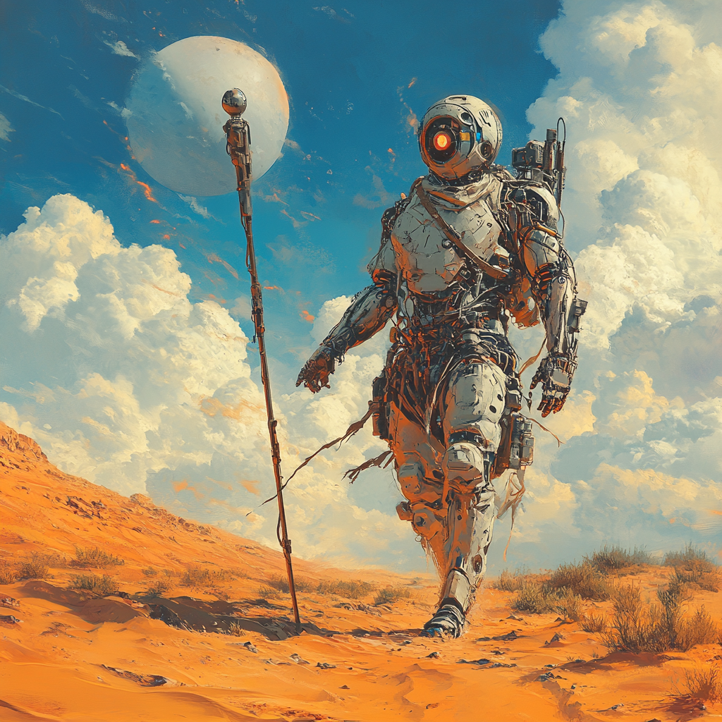 Cyborg trekking desert landscape with glowing orb staff