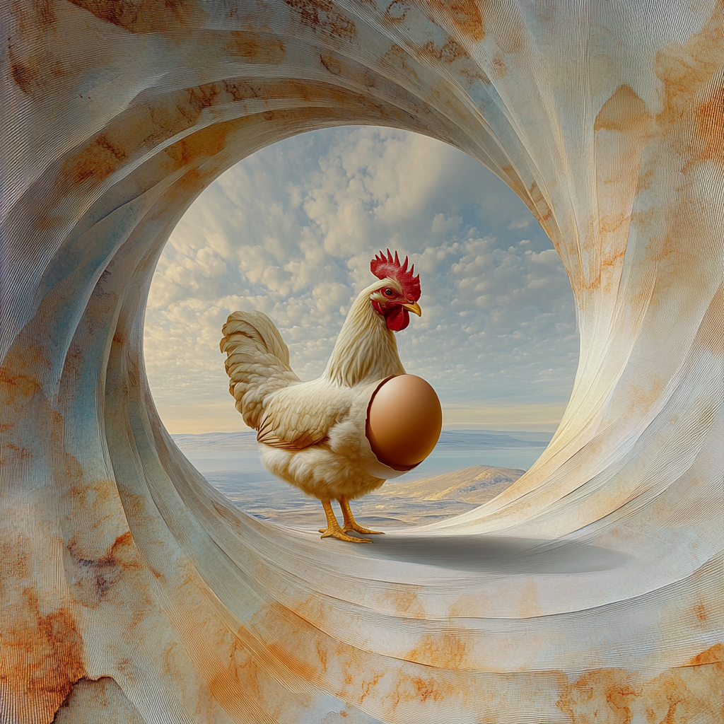 Cyclical blend of chicken and egg in surreal style.