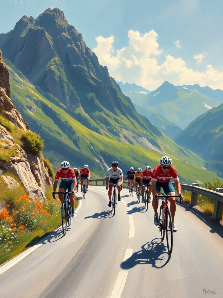 Cycling athletes on mountain road, painted in summer.