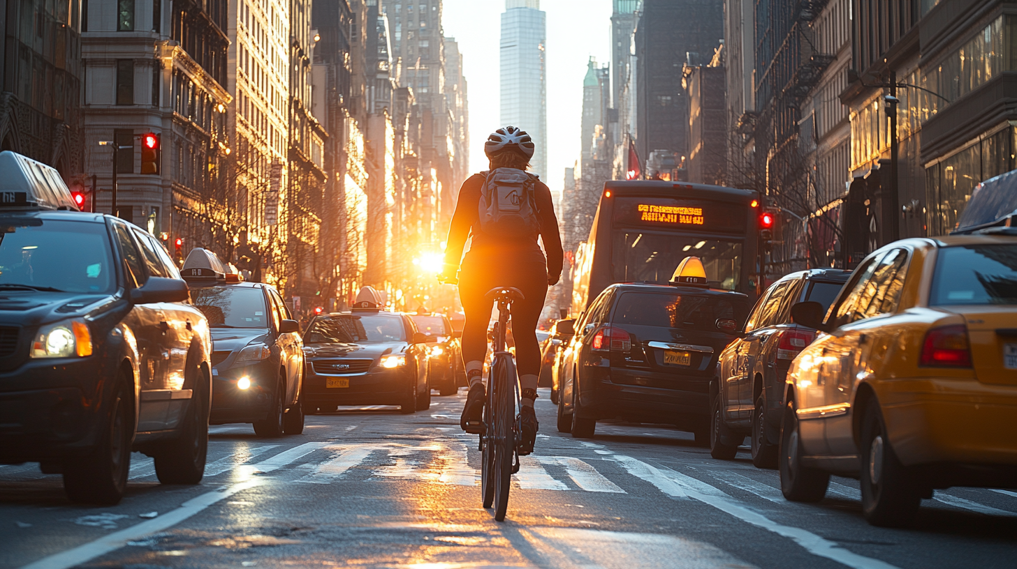 Cyclist rides bike through busy city during rush hour