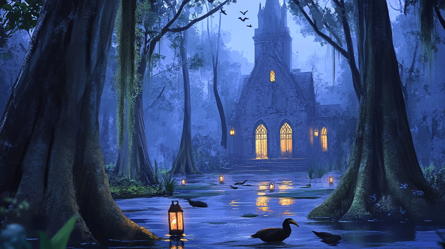 Cypress swamp meets cathedral wedding scene concept art.