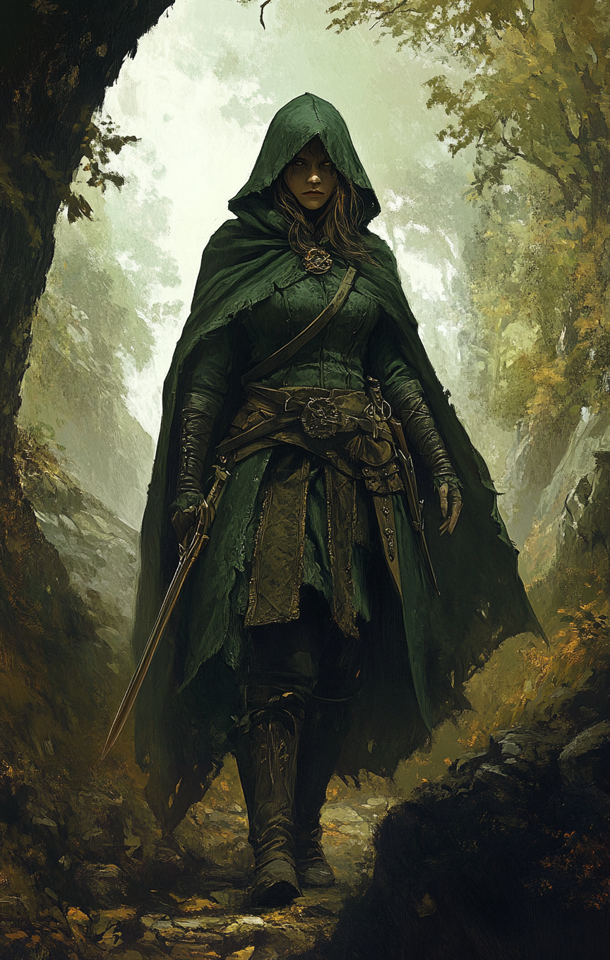 D&D rogue in green cloak, forest background, Witcher style.