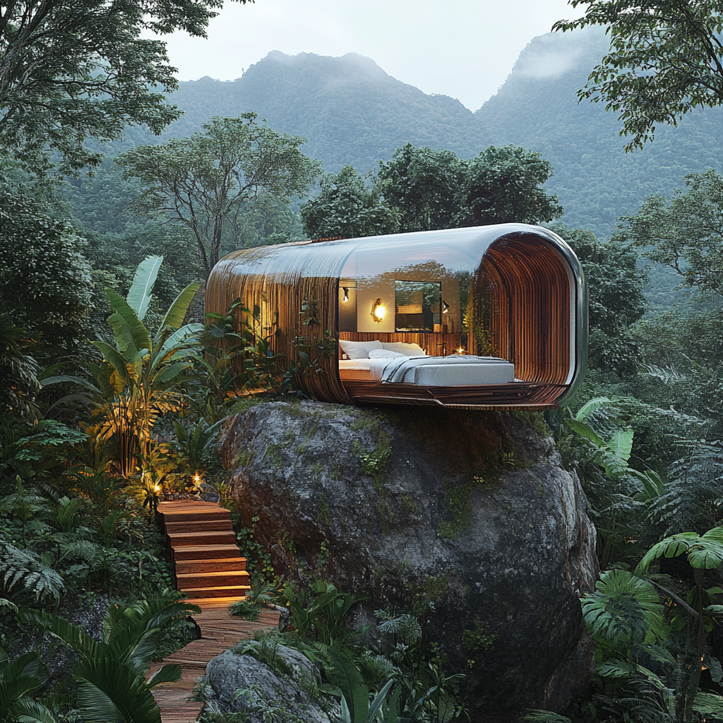 DIY wood cylinder house on rock in Brazilian jungle.