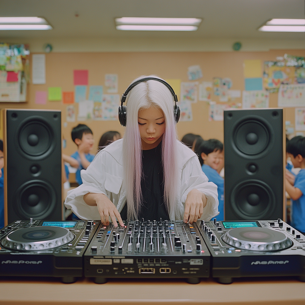 DJ Japanese Woman Spinning Music for Happy Children