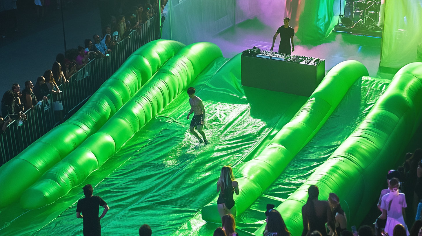 DJ booth, DJ performing, models in inflatable clothing runway.