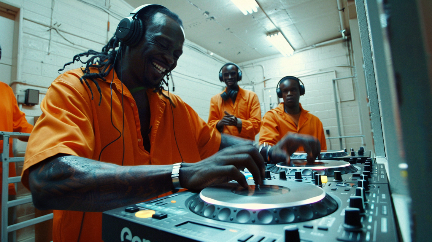 DJ prisoner spinning tunes in jail cell, smiling 