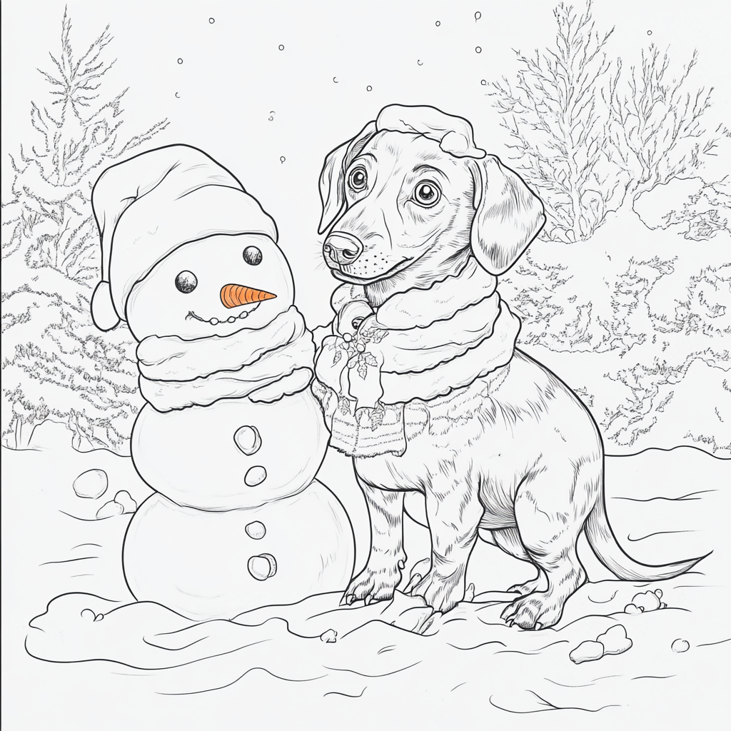 Dachshund and snowman in Christmas coloring book page.