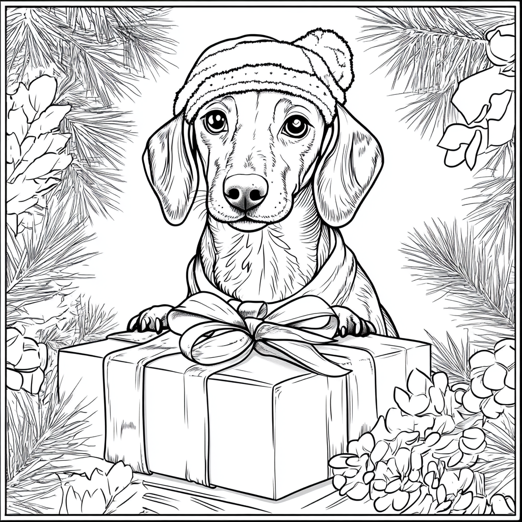 Dachshund dog in Christmas present coloring book page.