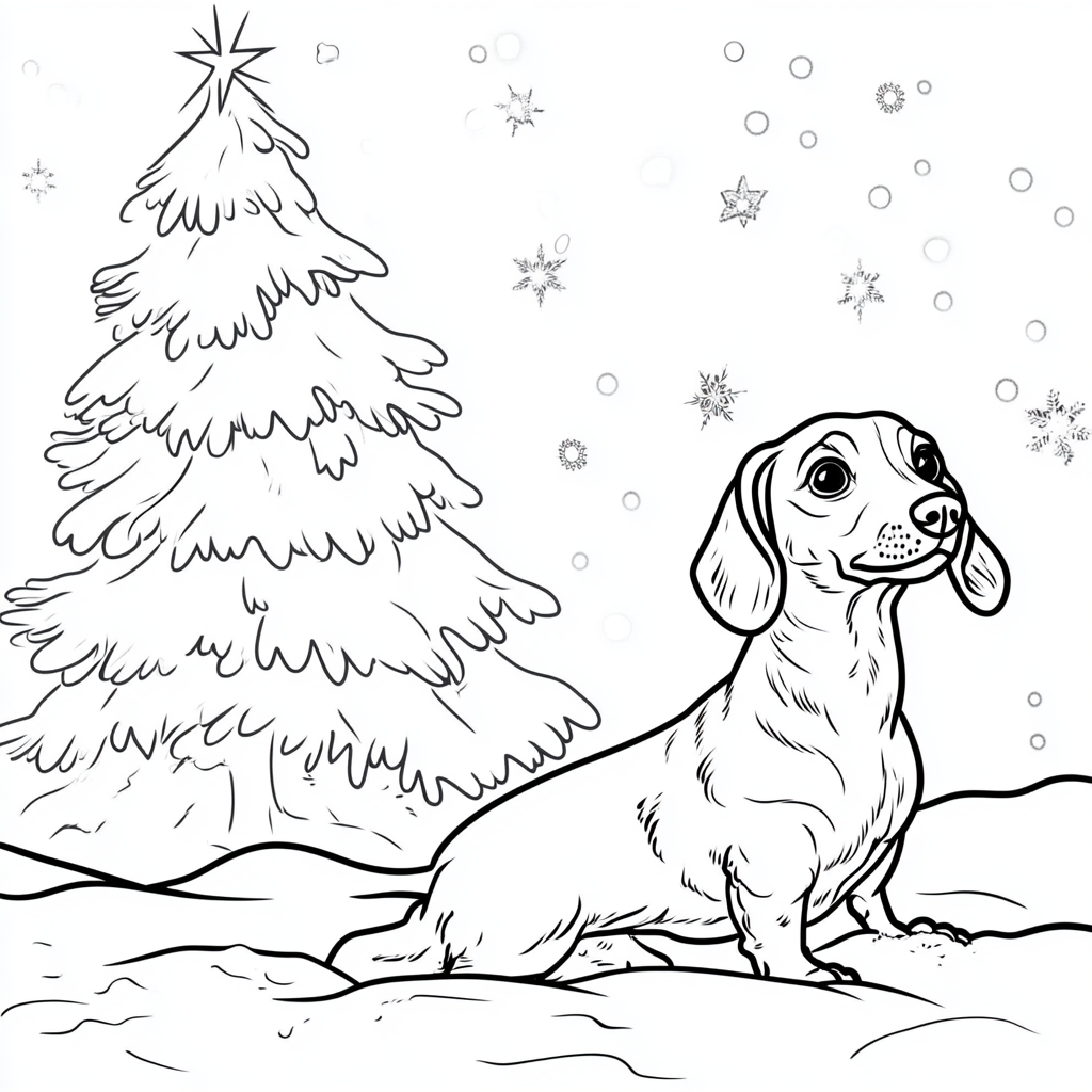 Dachshund playing in snow near white Christmas tree.