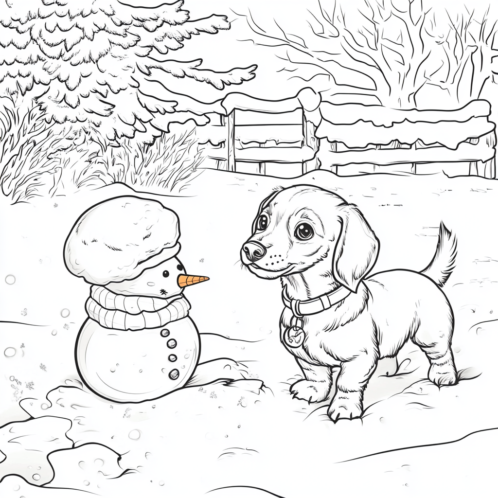 Dachshund playing with snowman, simple black and white.