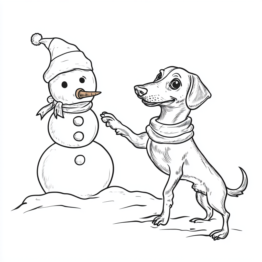 Dachshund with snowman in Christmas coloring book page