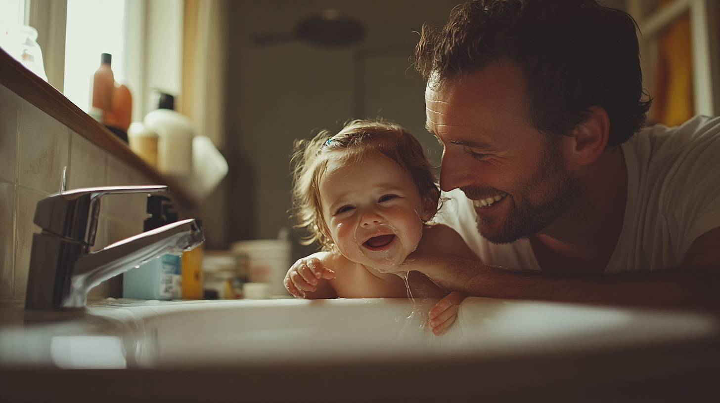 Dad Comforts Crying Daughter in Cozy Bathroom