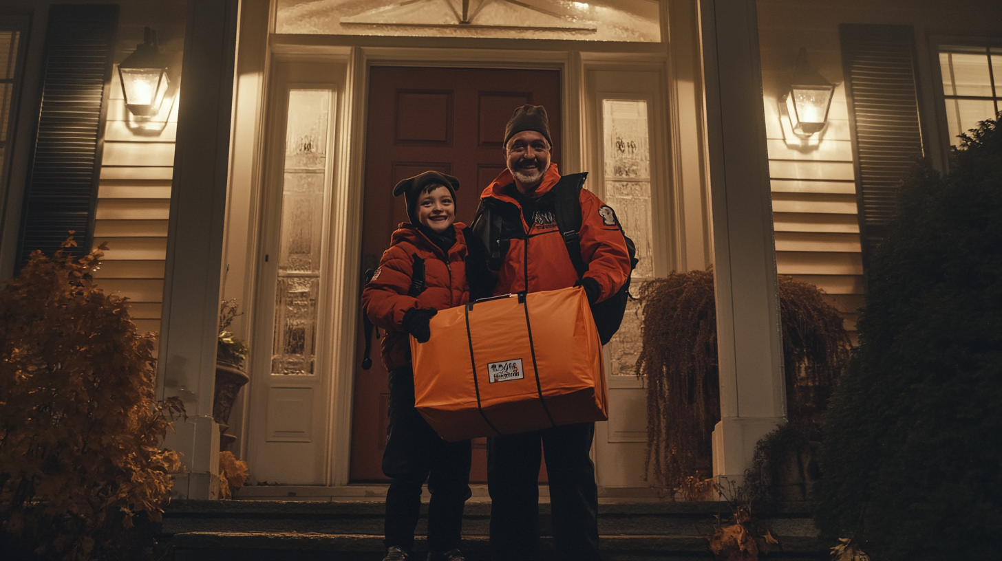 Dad and Son in Vampire Costumes with Delivery Person