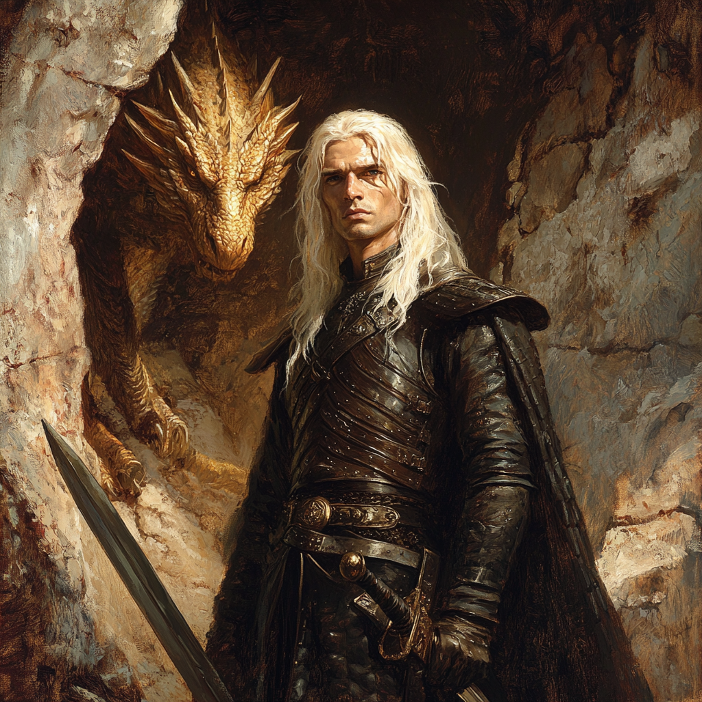 Daemon Targaryen, white hair, black tunic, sword, dragon.