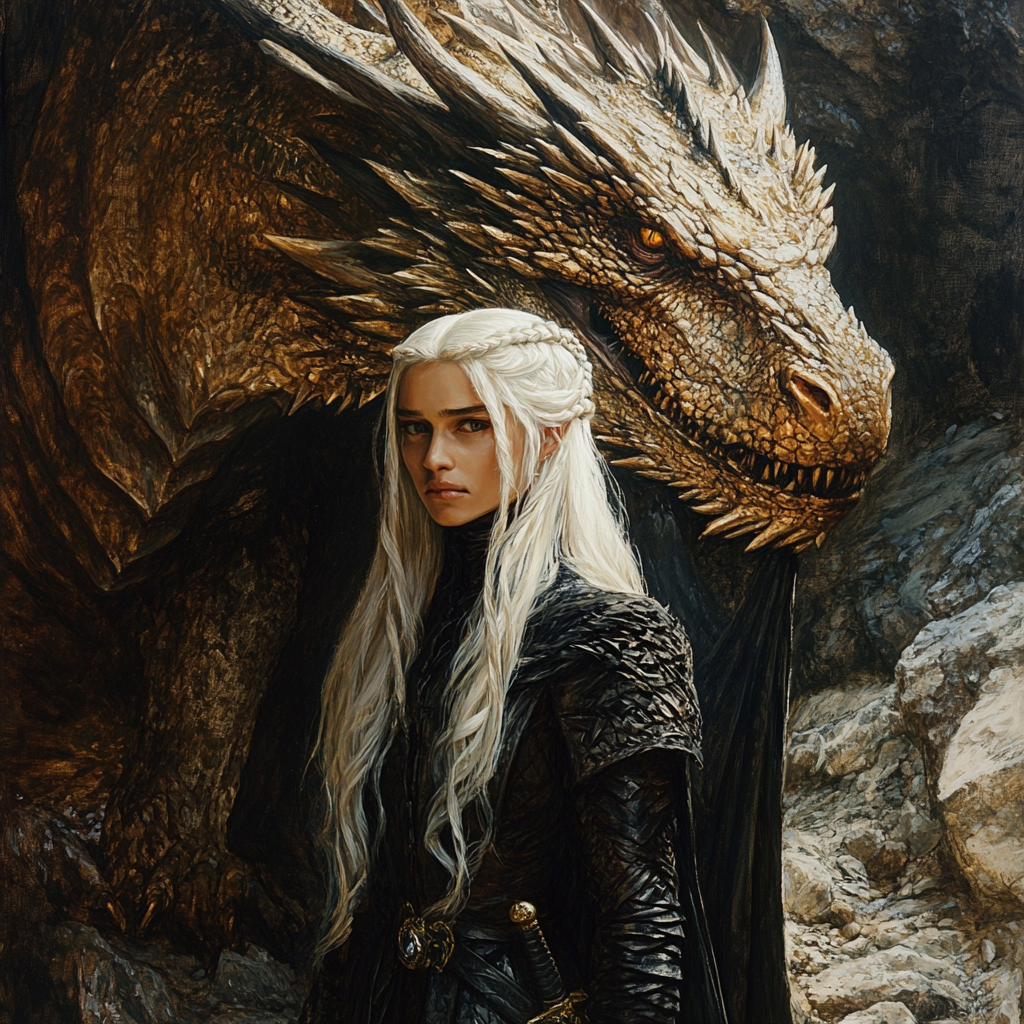 Daemon Targaryen in dark cave with golden dragon.