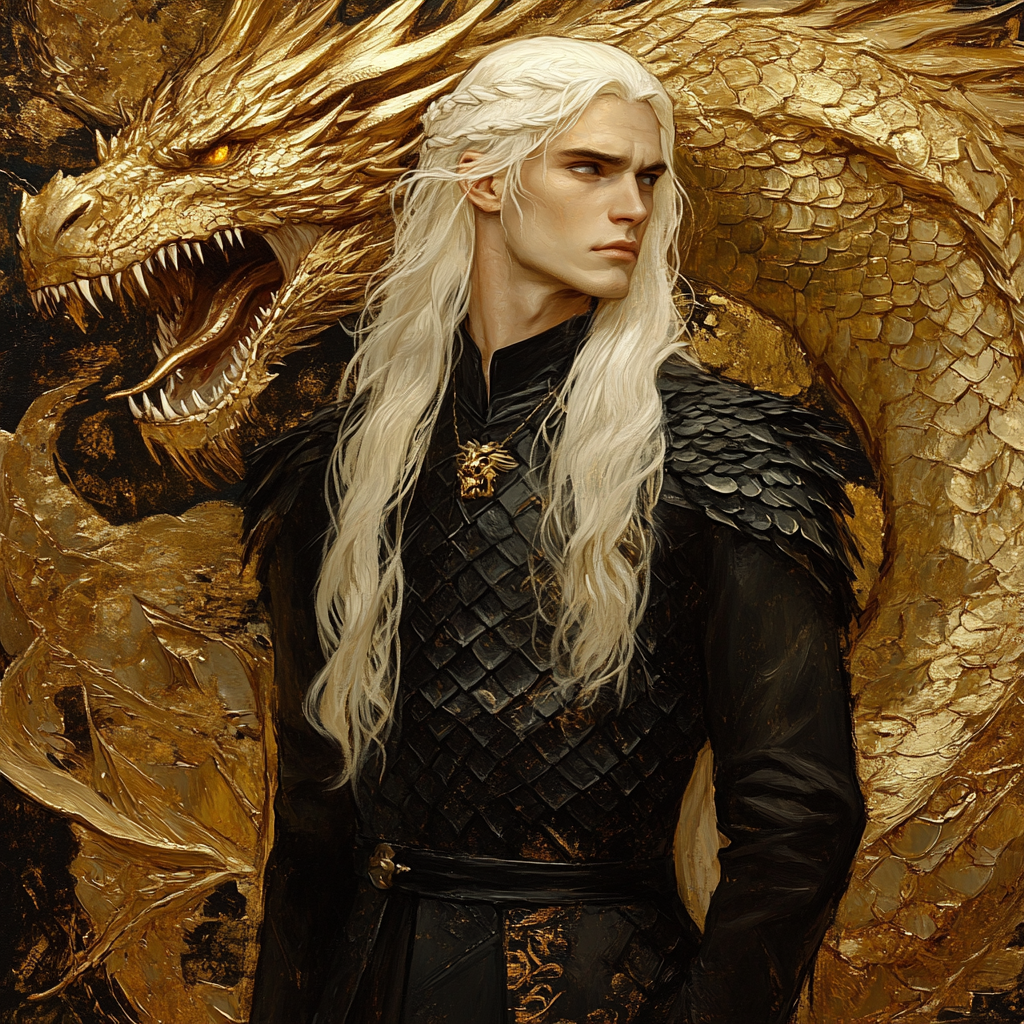 Daemon Targaryen in medieval setting with dragons.