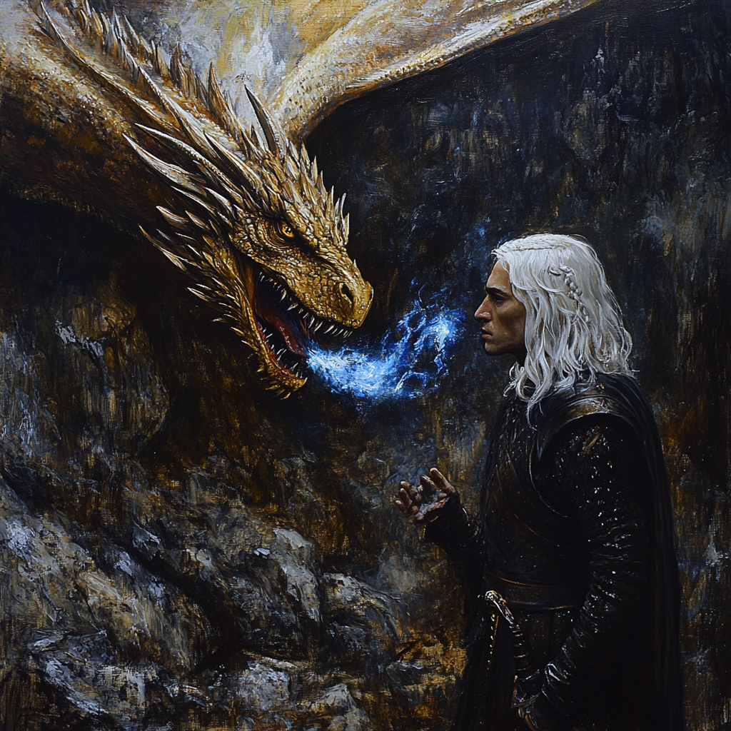 Daemon Targaryen with white hair standing in cave.