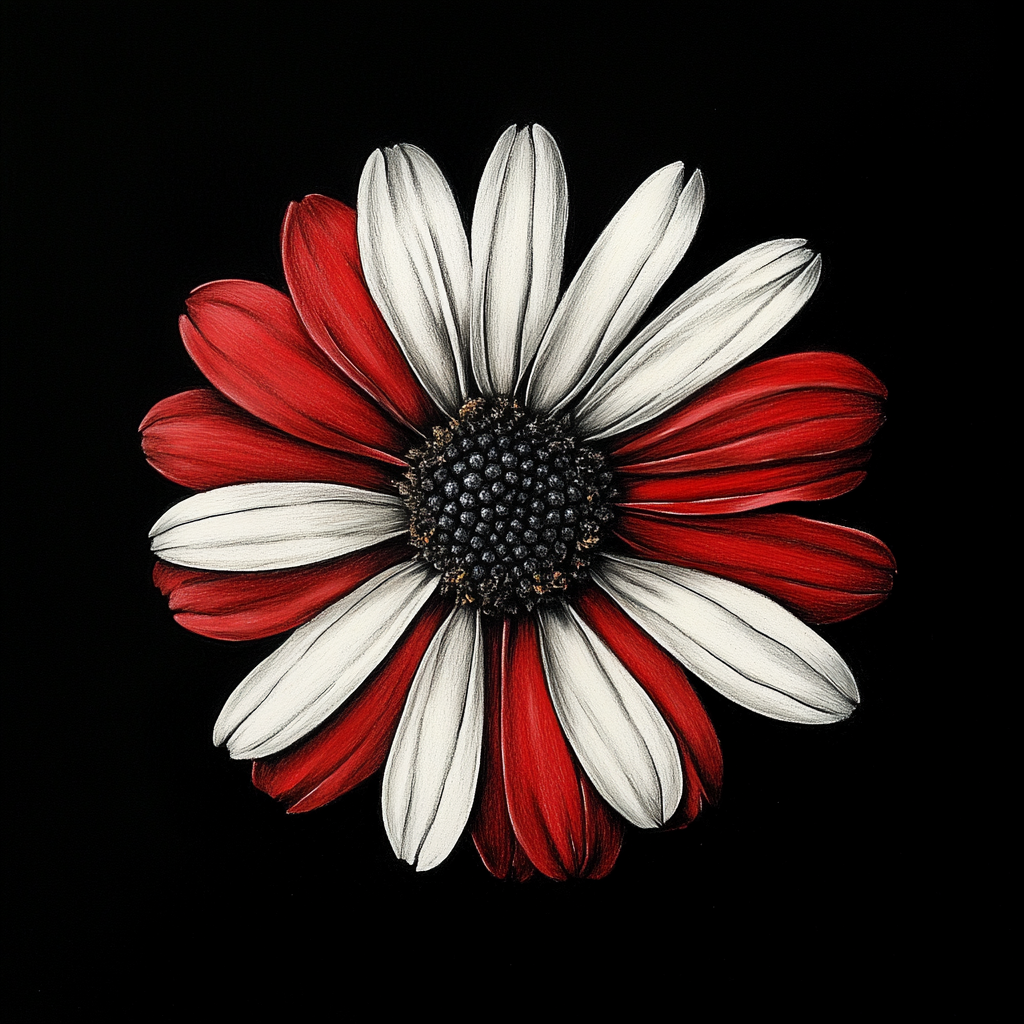 Daisy with white and red petals, minimalist drawing.