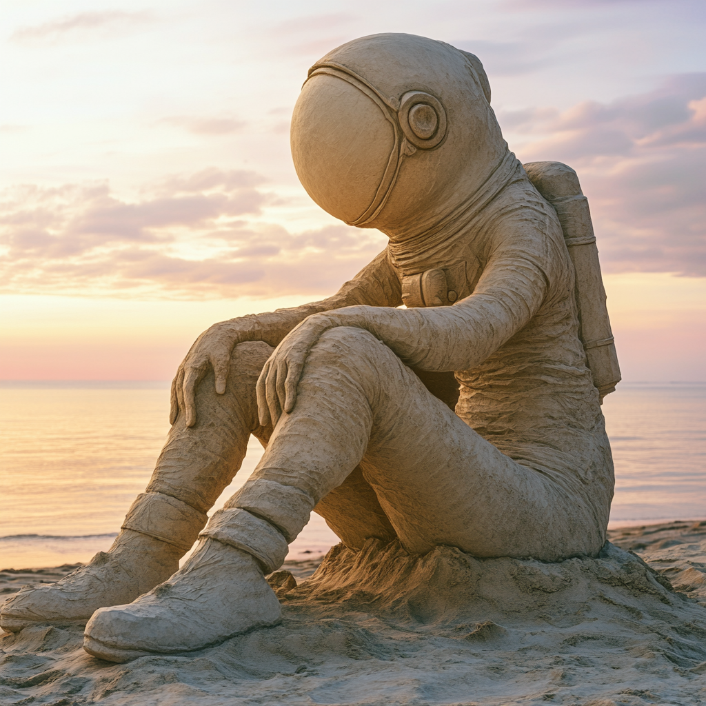 Dalí-style sand sculpture of astronaut woman at dawn