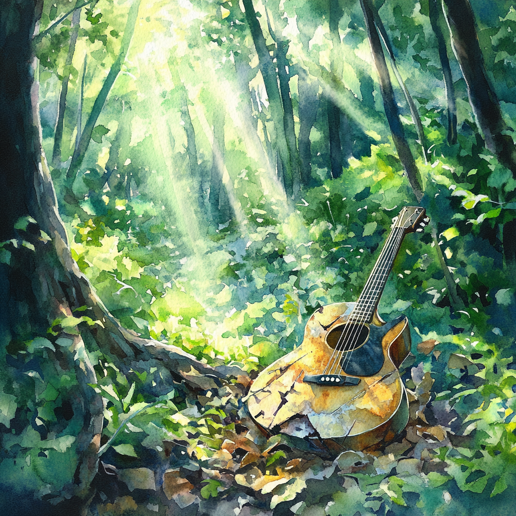 Damaged guitar hidden in enchanted forest sunlight