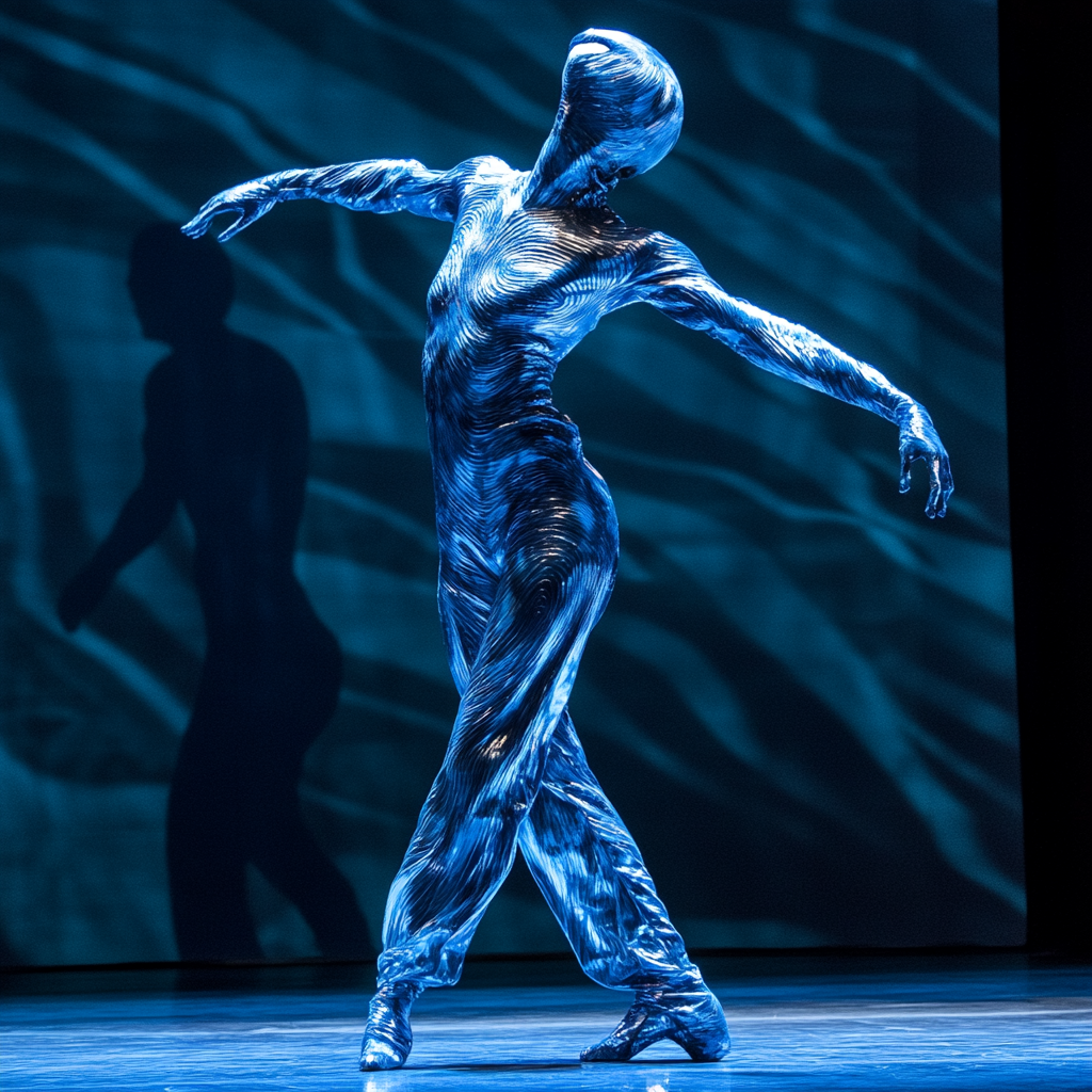 Dancer in Blue Jumpsuit on Stage with Profile