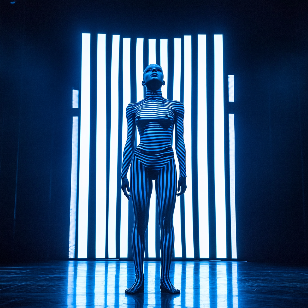 Dancer in Blue and White Striped Jumpsuit