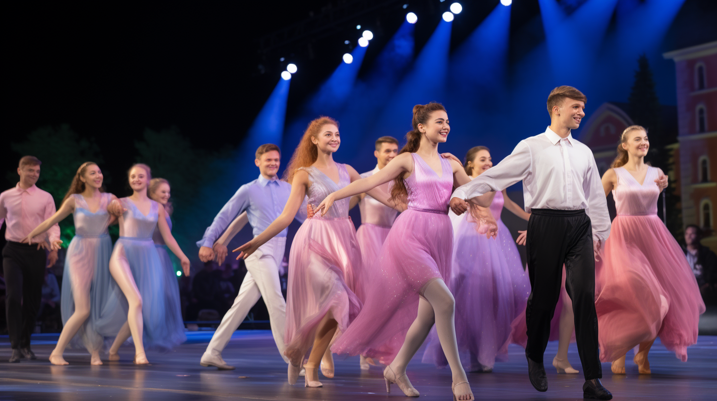 Dancers amazed by man in colorful suit at night.