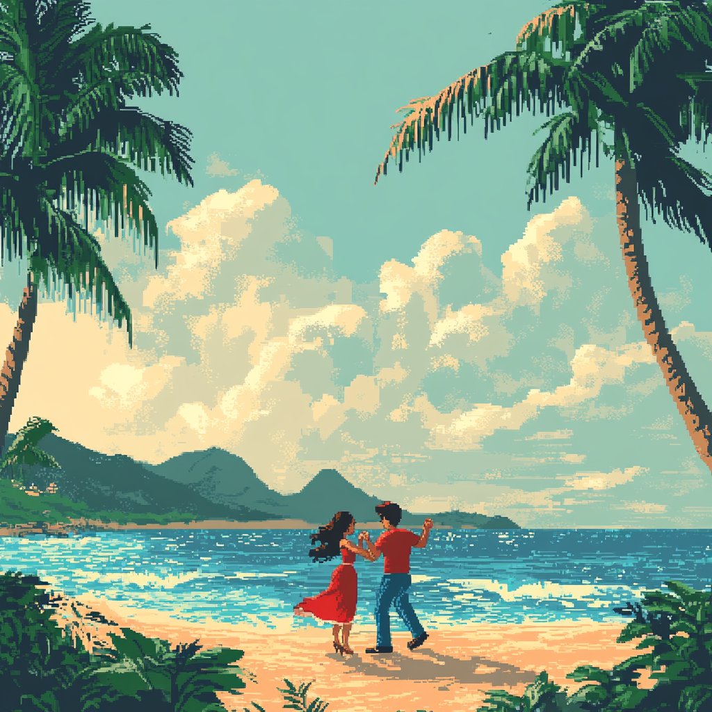 Dancing cartoon couple on beach in old video game