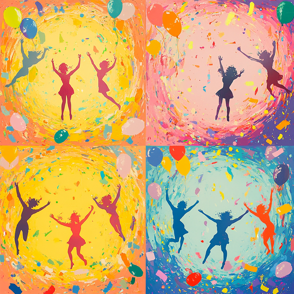 Dancing circle in colorful party with balloons and confetti.