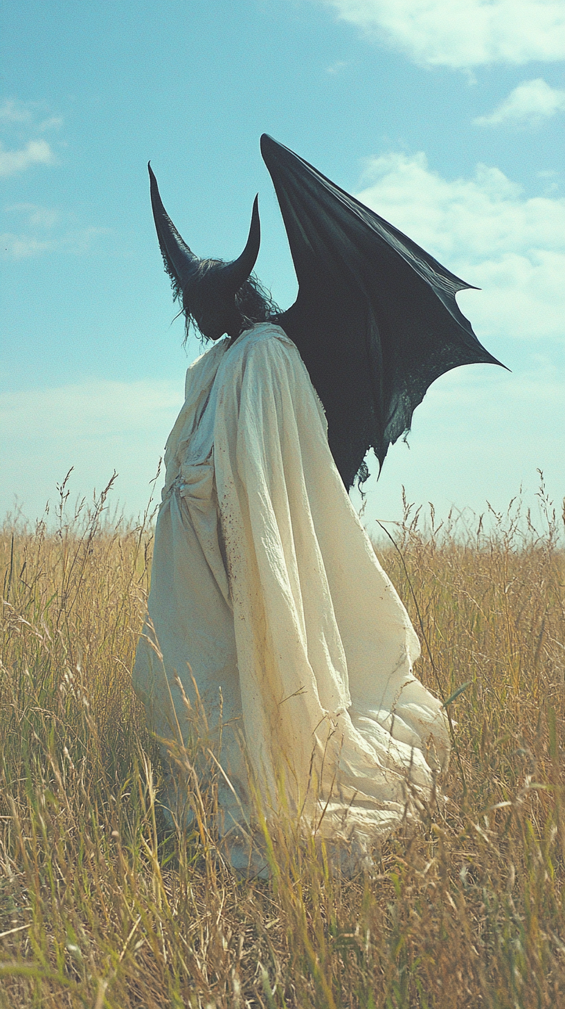 Dancing demon with wing in field under blue sky.