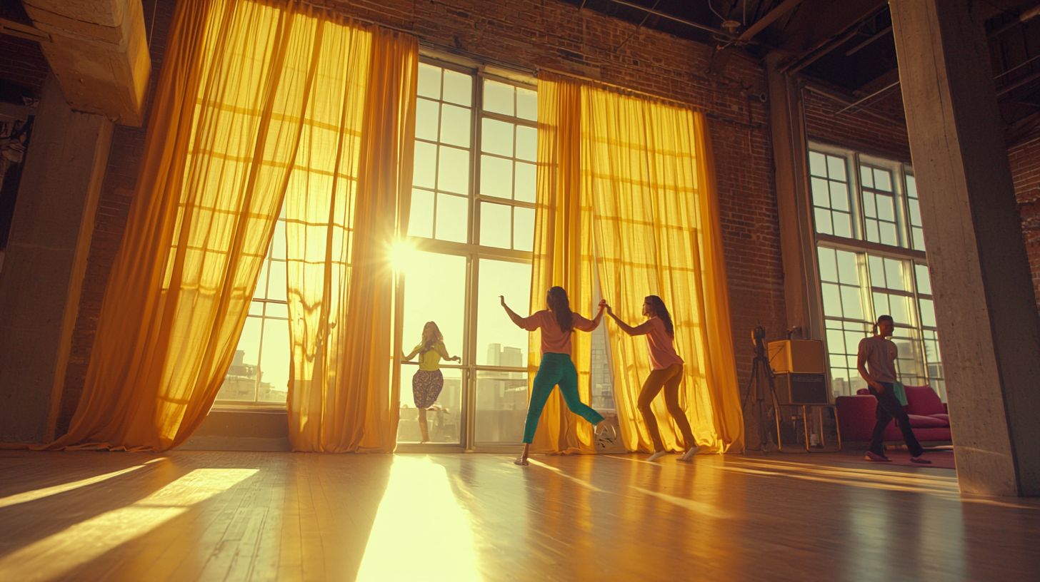 Dancing in cozy loft with warm colors.