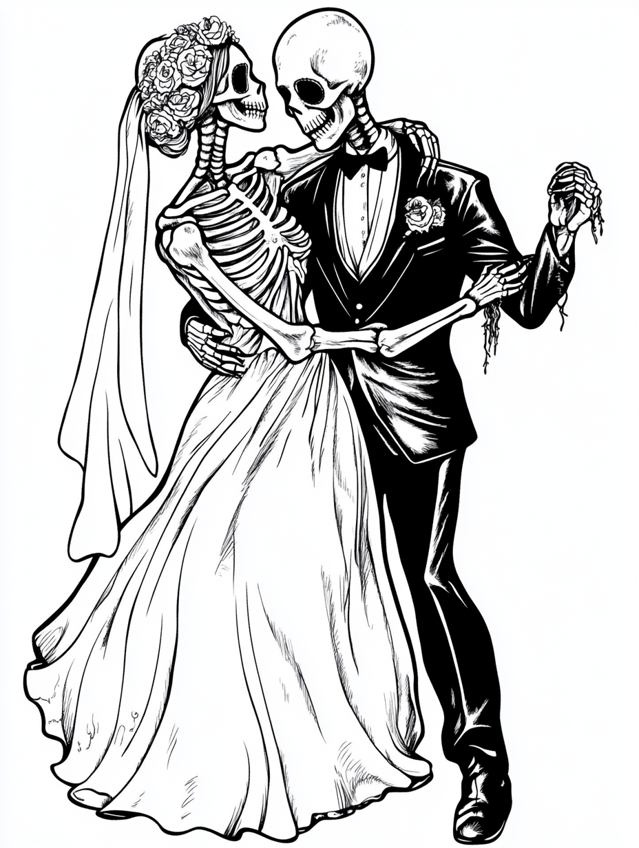 Dancing skeletons in wedding attire on coloring book page.