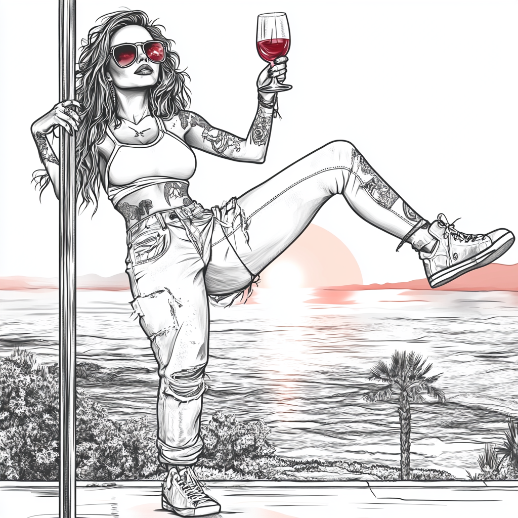 Dancing woman with wine on pool dance pole