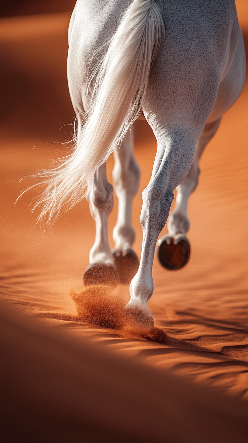 Dapple dark gray horse galloping in red desert.