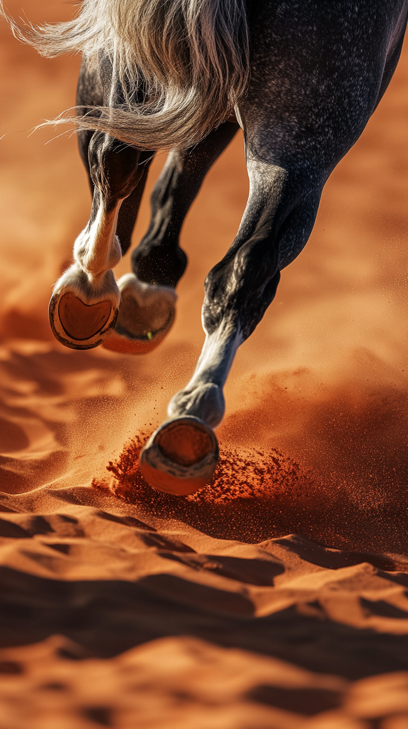 Dapple horse galloping in red desert under bright sun.