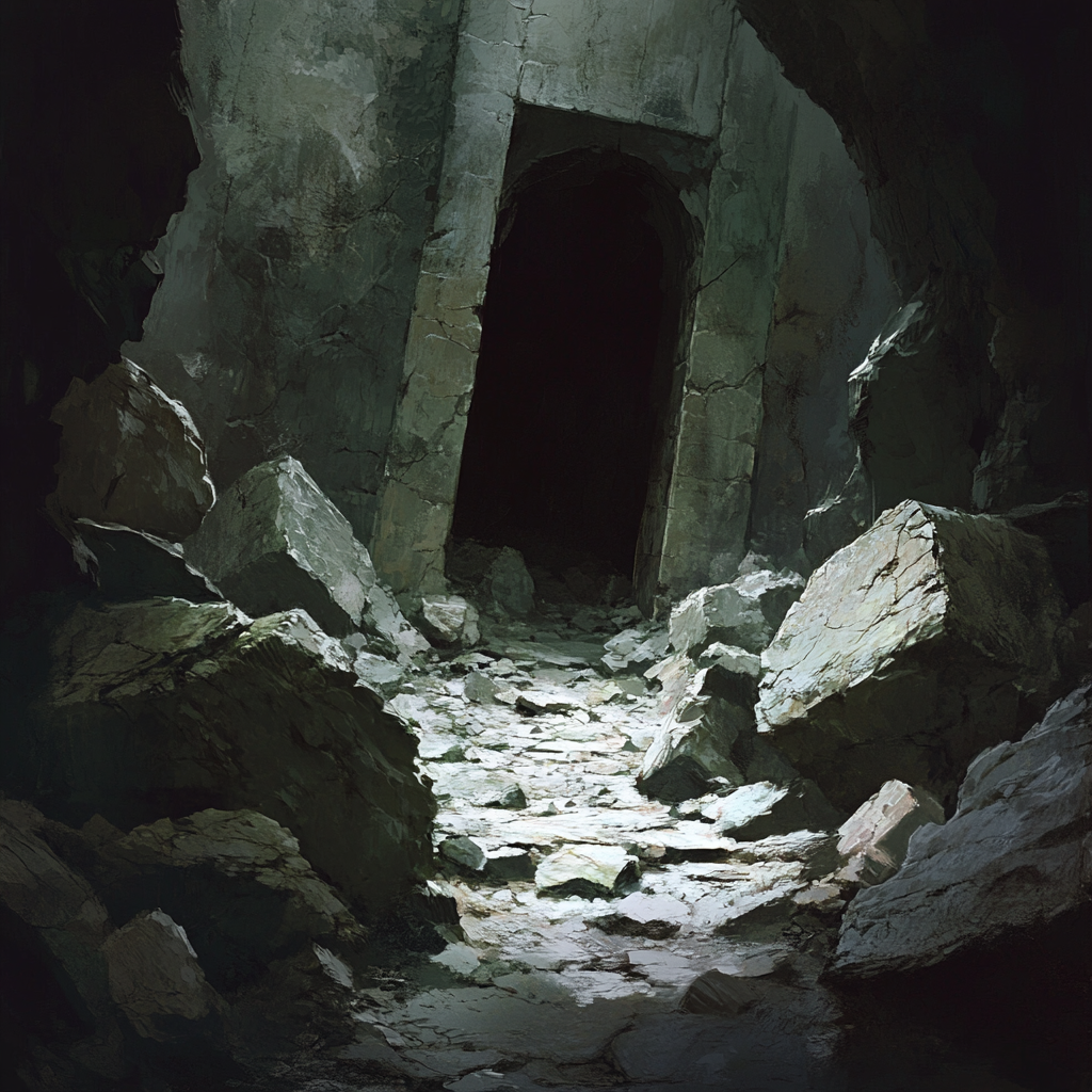 Dark, cold ruins with large boulders blocking pathway.