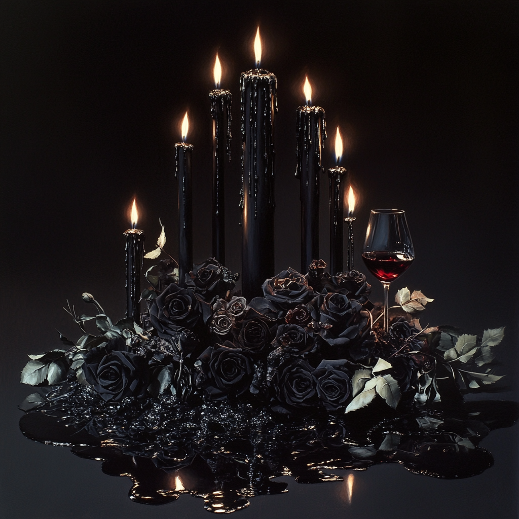 Dark, elegant, detailed floral arrangement with wine spill.