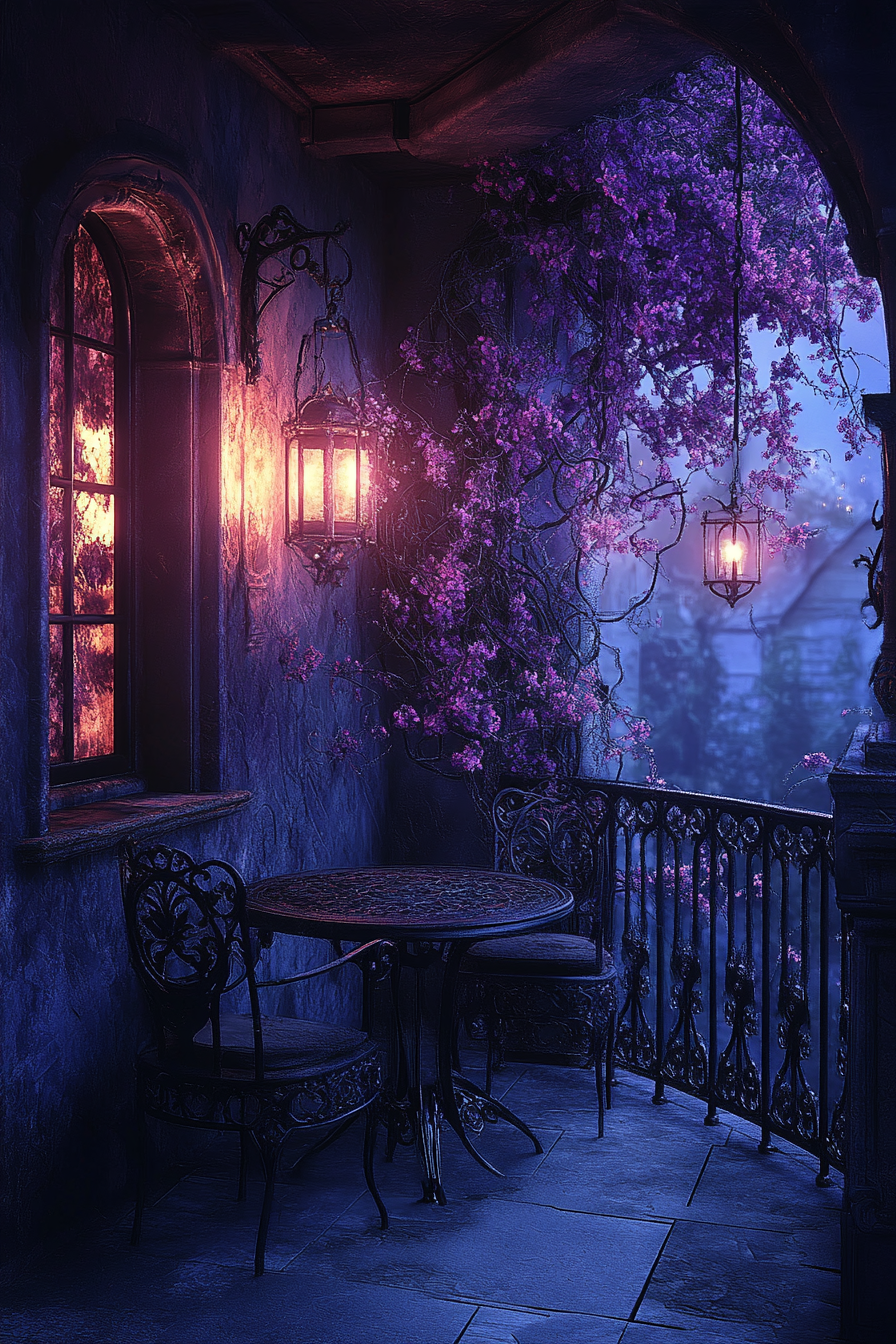 Dark, enchanted balcony with moonlit garden view. Nightshade vines.