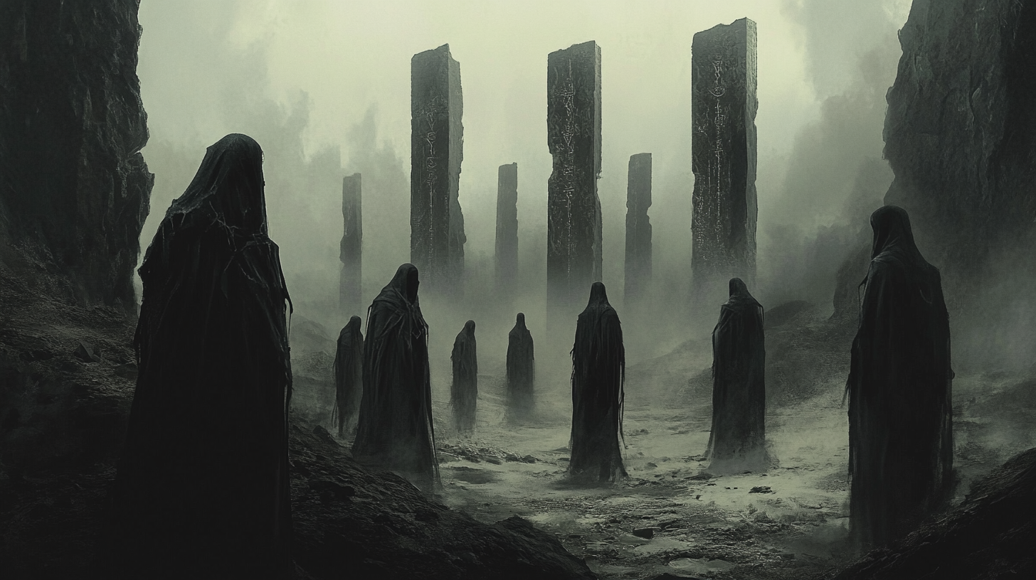 Dark, enigmatic Black Order knights in haunting ruins.