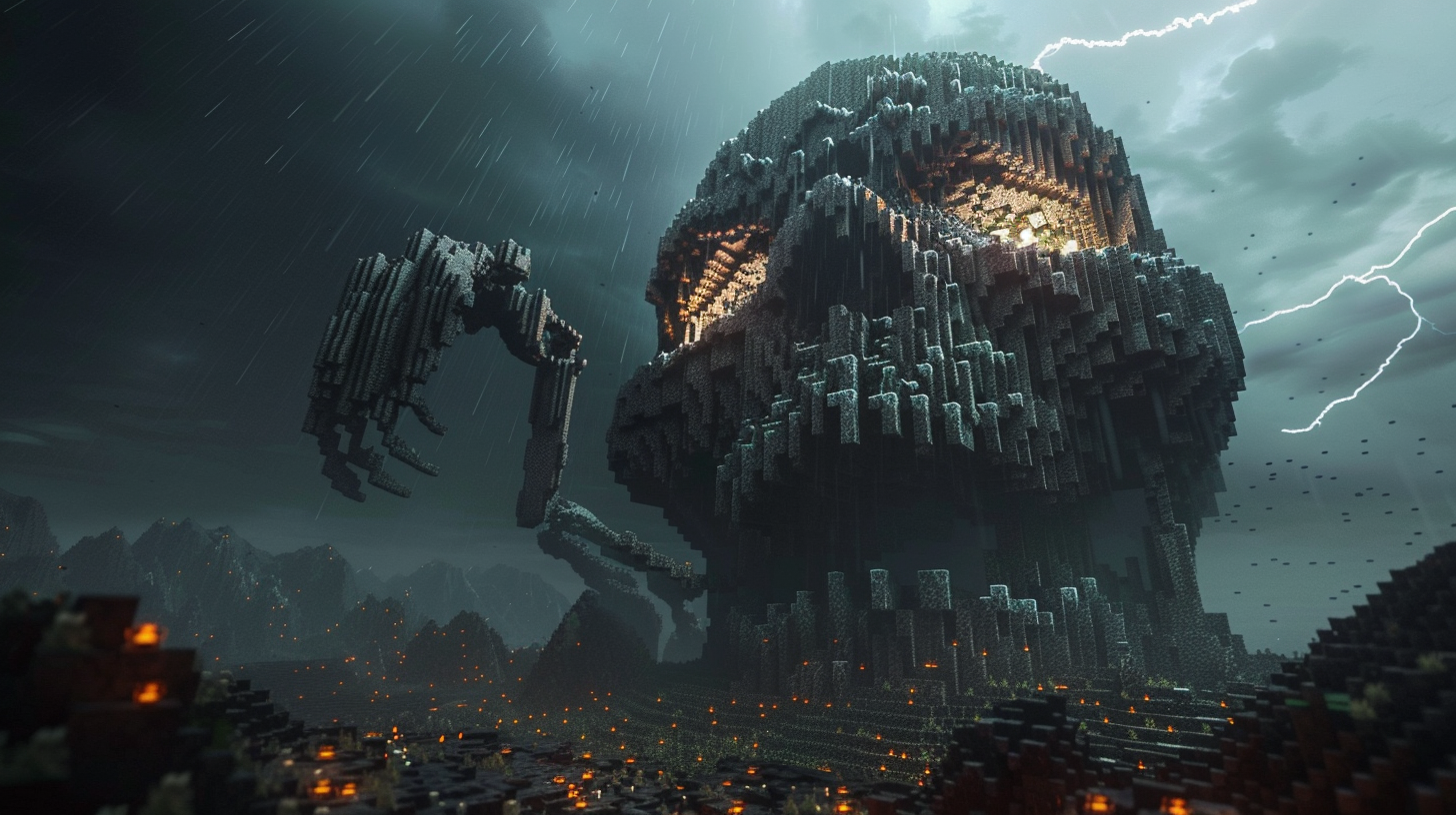 Dark, foreboding Balerion skull overlooks eerie Minecraft landscape.