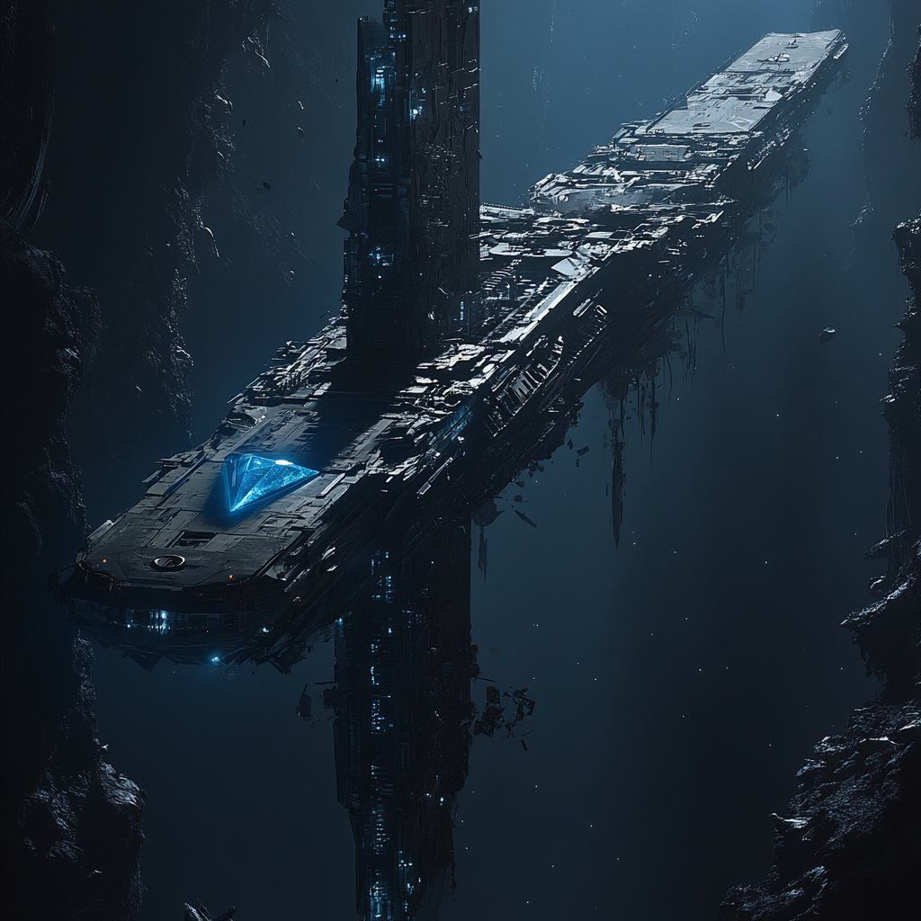 Dark, gritty sci-fi space station floating in space.