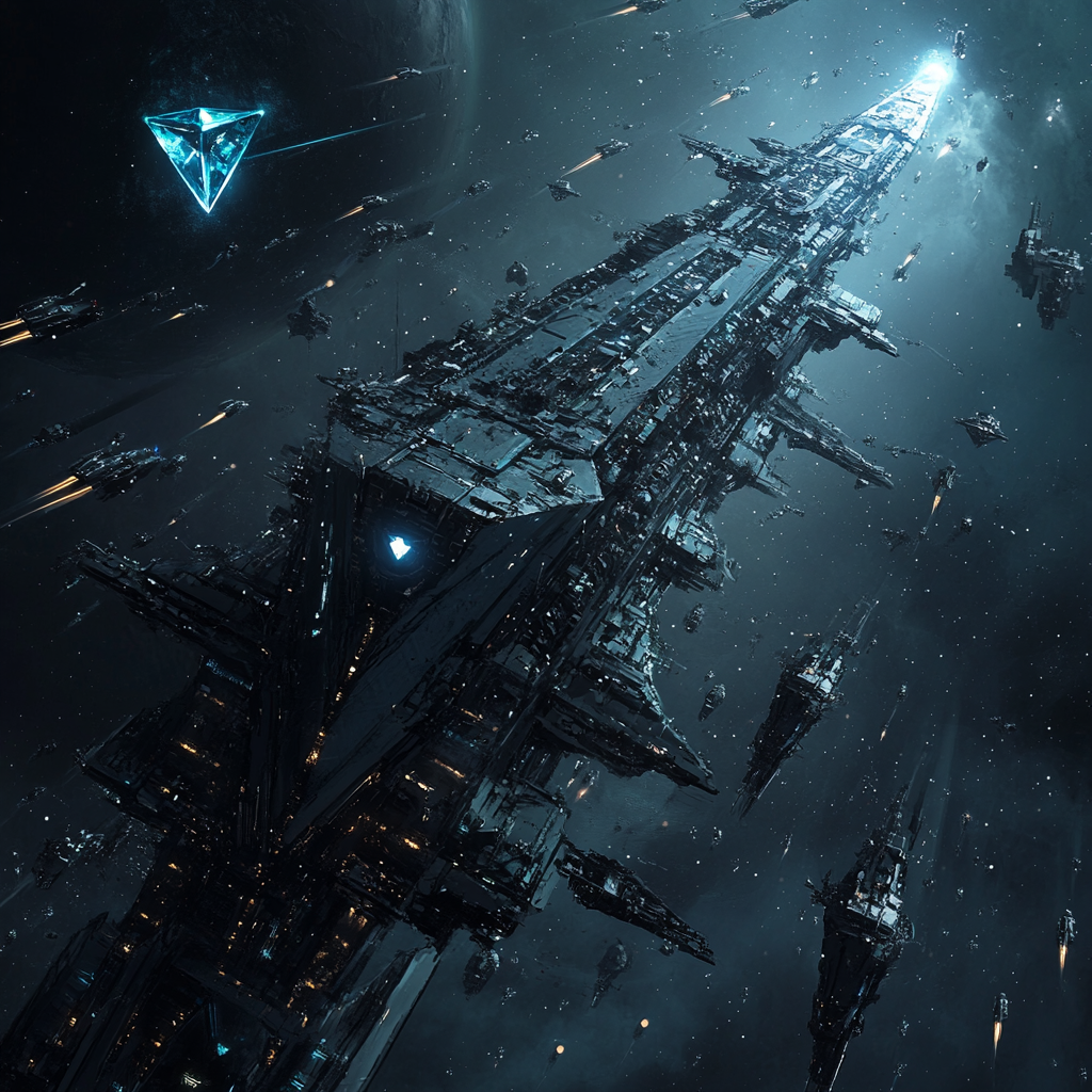 Dark, gritty sci-fi space station with floating ships.