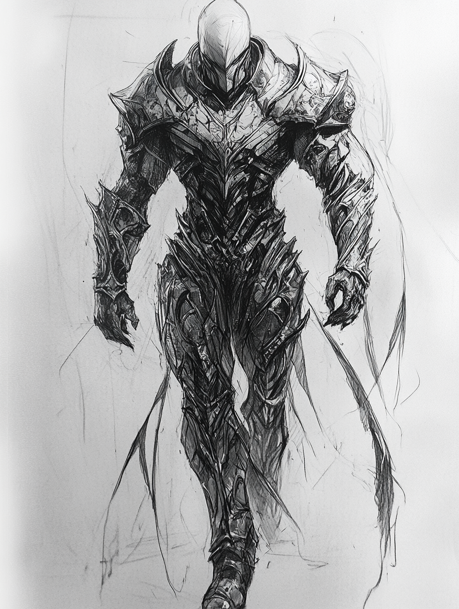 Dark, imposing, powerful armor-wearing protagonist with confidence.