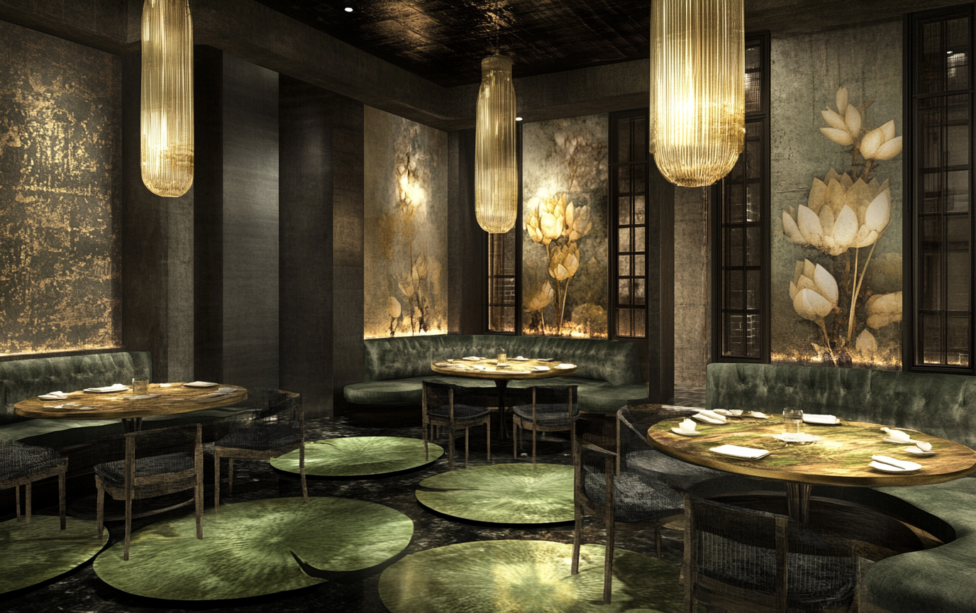 Dark, moody luxury hotel design inspired by lily pads.