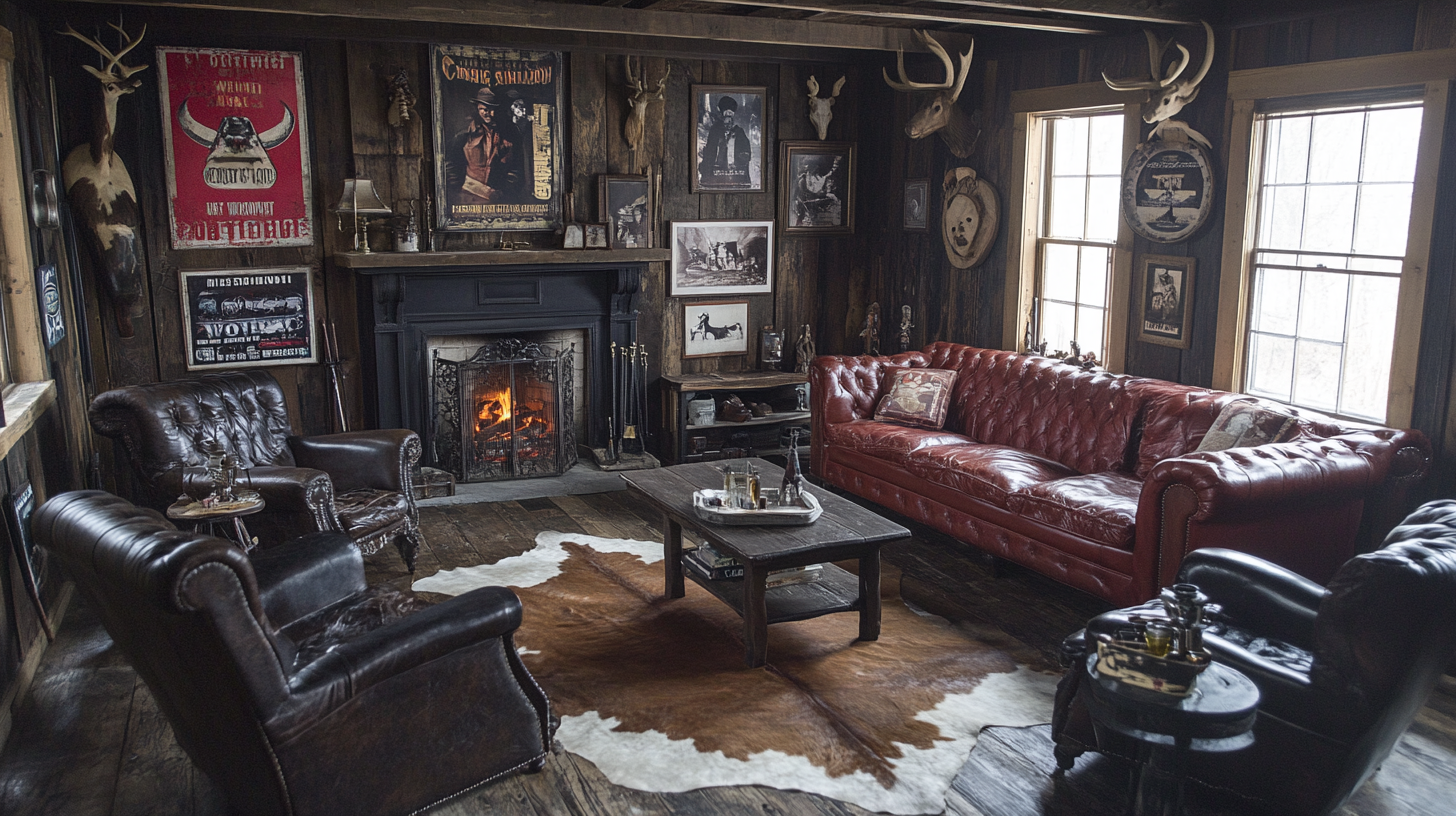 Dark, rustic living room with Wicked Western Gothic decor.